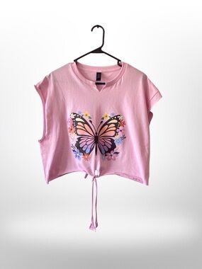 Handmade Butterfly Tie Front Back Pink Crop Tee L Adjustable